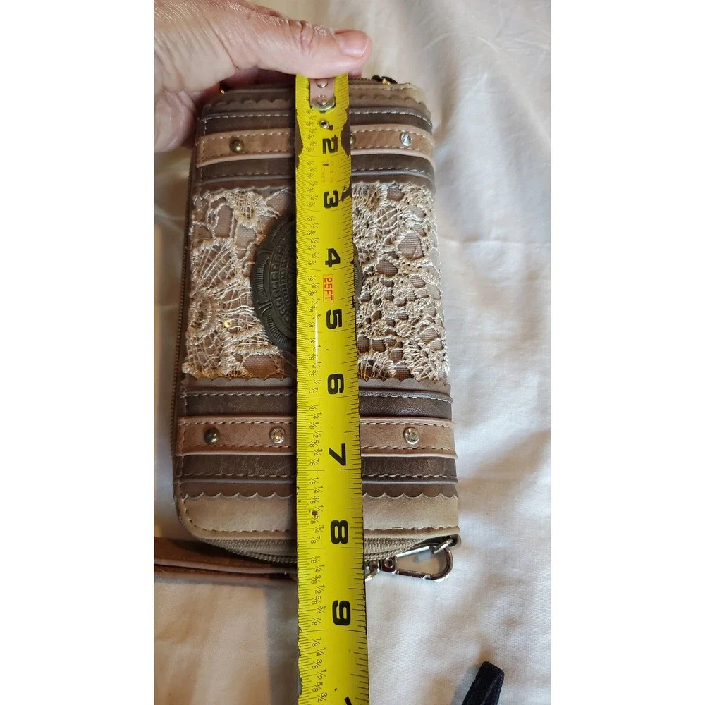Justin Boots Brown Faux Leather Lace Concho Studded Zip Around Wristlet Wallet